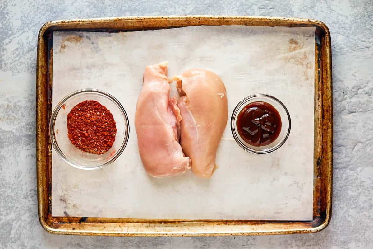 air fryer BBQ chicken ingredients on a tray.