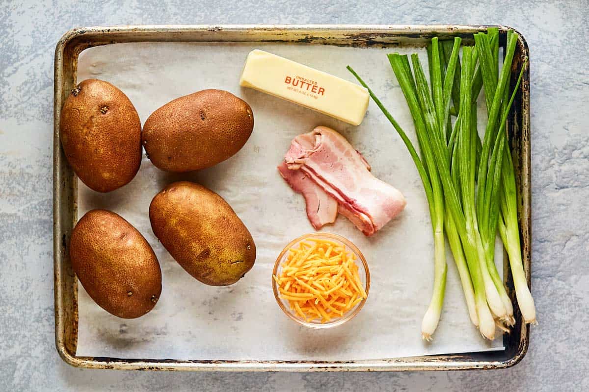 air fryer potato skins ingredients on a tray.