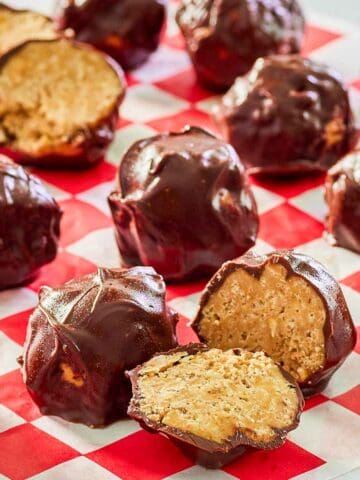 rice krispie peanut butter balls covered in chocolate.