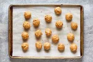 rice krispie peanut butter mixture formed into balls.