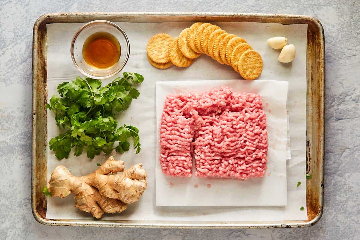 Asian pork meatballs ingredients on a tray.