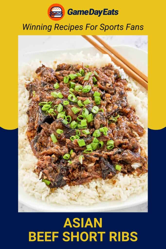 Asian beef short ribs on top of rice on a platter.