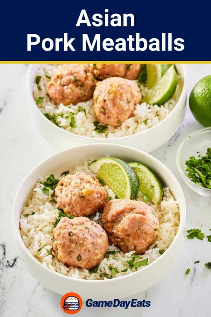 Asian pork meatballs, steamed rice, and lime wedges in two bowls.