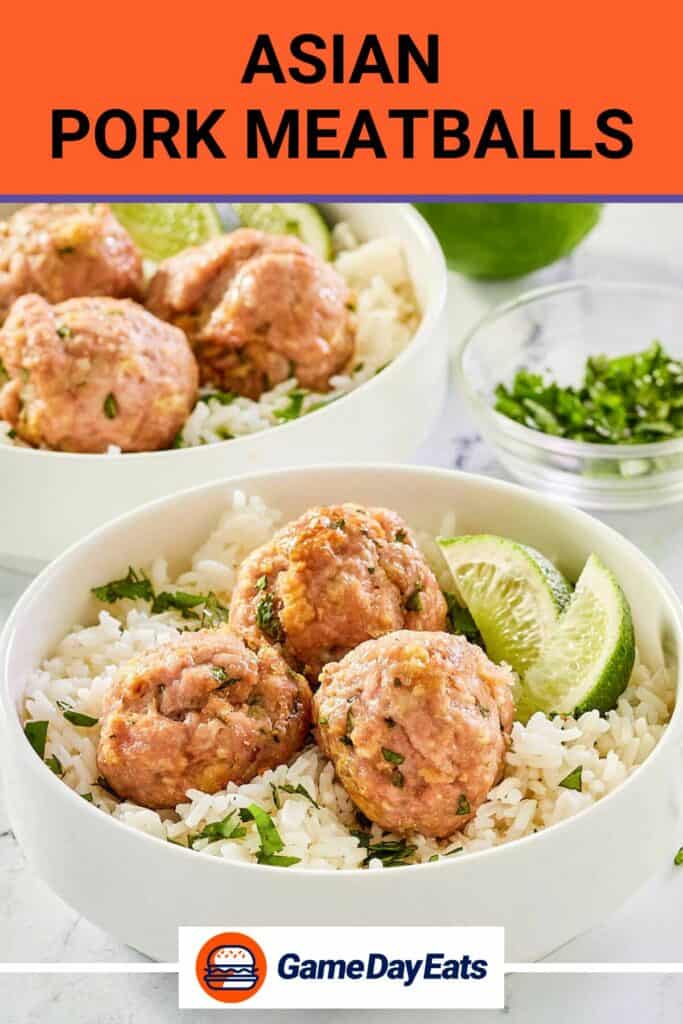 closeup of Asian pork meatballs and rice in a white bowl.