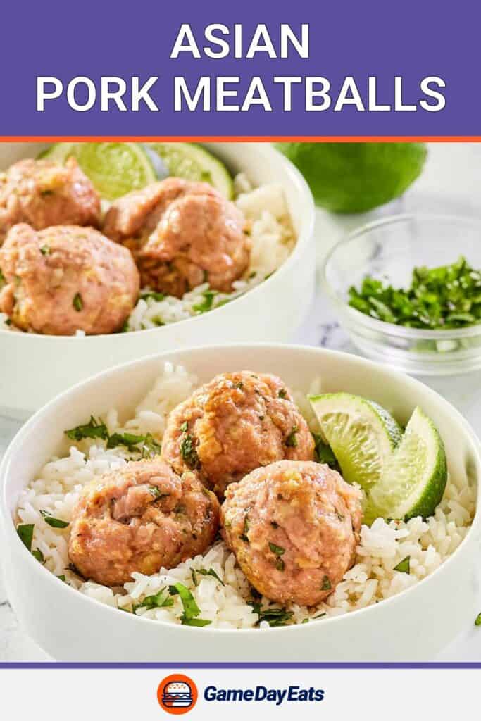 closeup of Asian pork meatballs and lime wedges over rice in bowls.