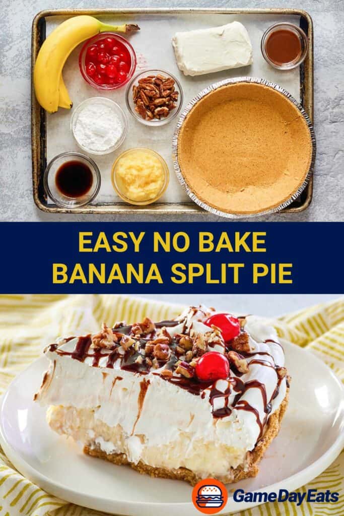 banana split pie ingredients and a slice on a plate.