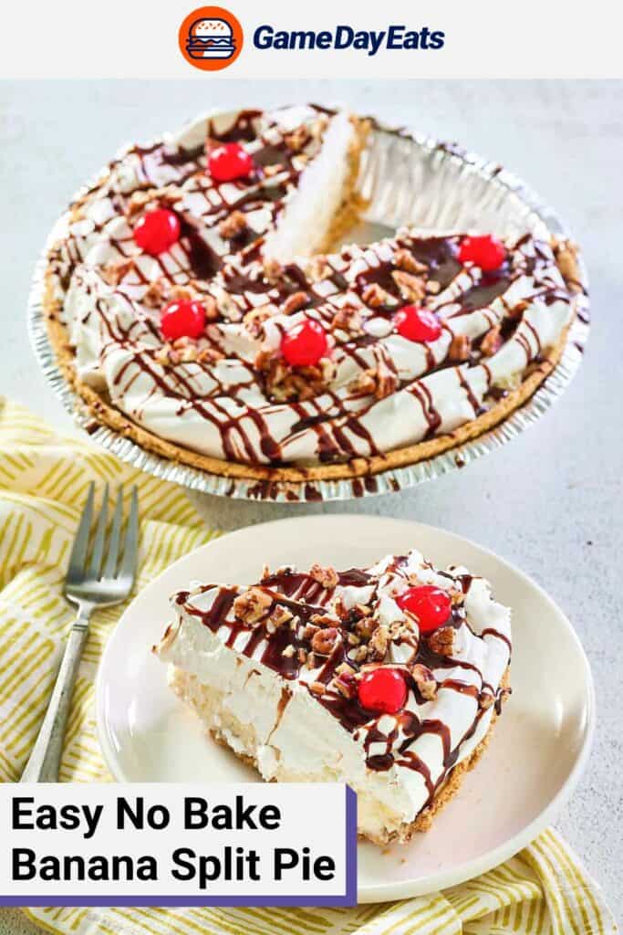 banana split pie and a slice on a plate beside it.
