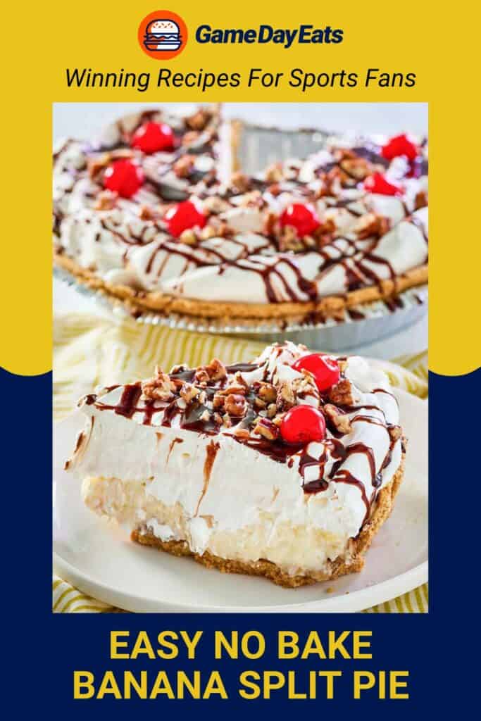 slice of banana split pie on a white plate in front of the pie.