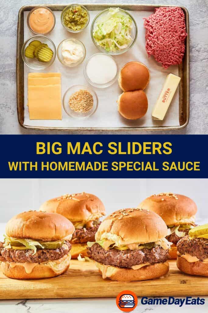 big mac sliders ingredients and the finished sliders on a board.