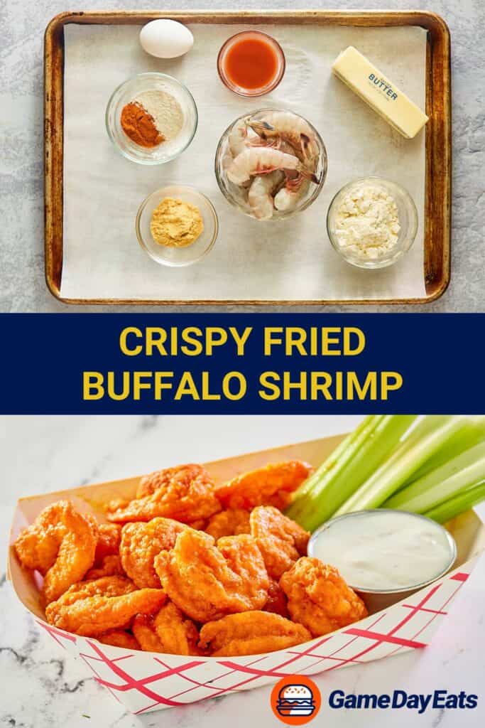 buffalo shrimp ingredients and the finished shrimp in a paper basket.