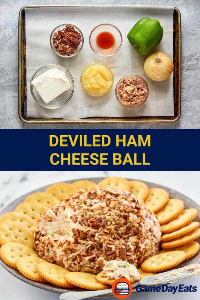 deviled ham cheese ball ingredients and the finished ball with crackers.