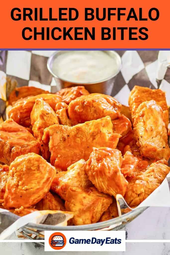 grilled buffalo chicken bites and a bowl of blue cheese dressing.