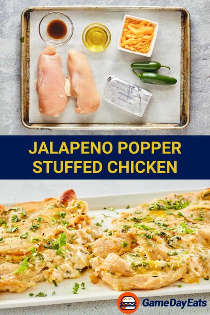 jalapeno popper stuffed chicken ingredients and the finished dish.