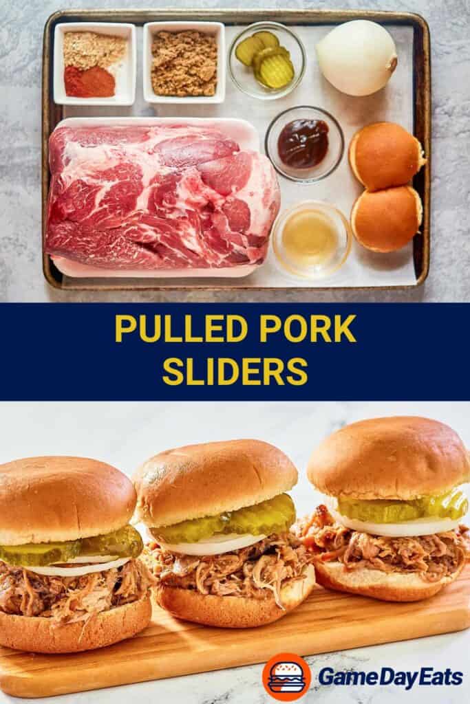 pulled pork sliders ingredients and three sliders on a board.