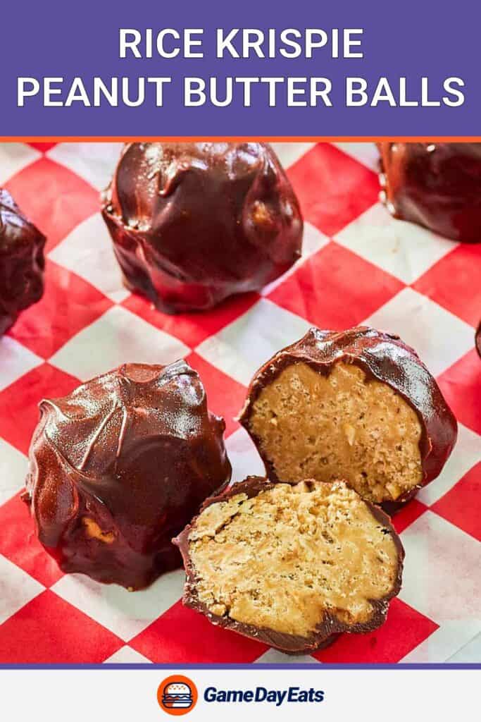 closeup of rice krispie peanut butter balls with one cut in half.