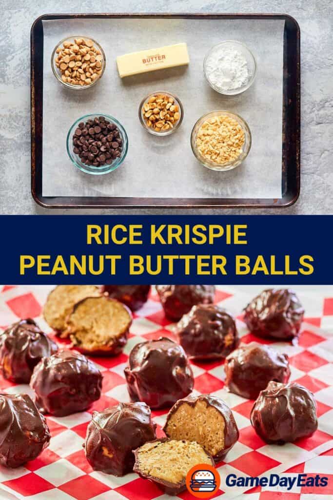 rice krispie peanut butter balls ingredients and the finished treats.