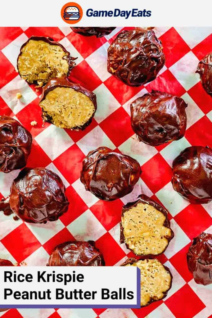 overhead view of rice krispie peanut butter balls on checkered parchment paper.