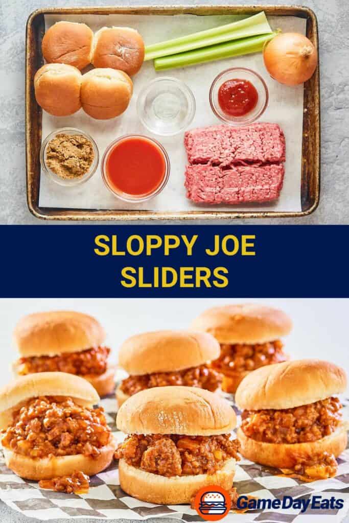 sloppy joe sliders ingredients and the finished sliders.