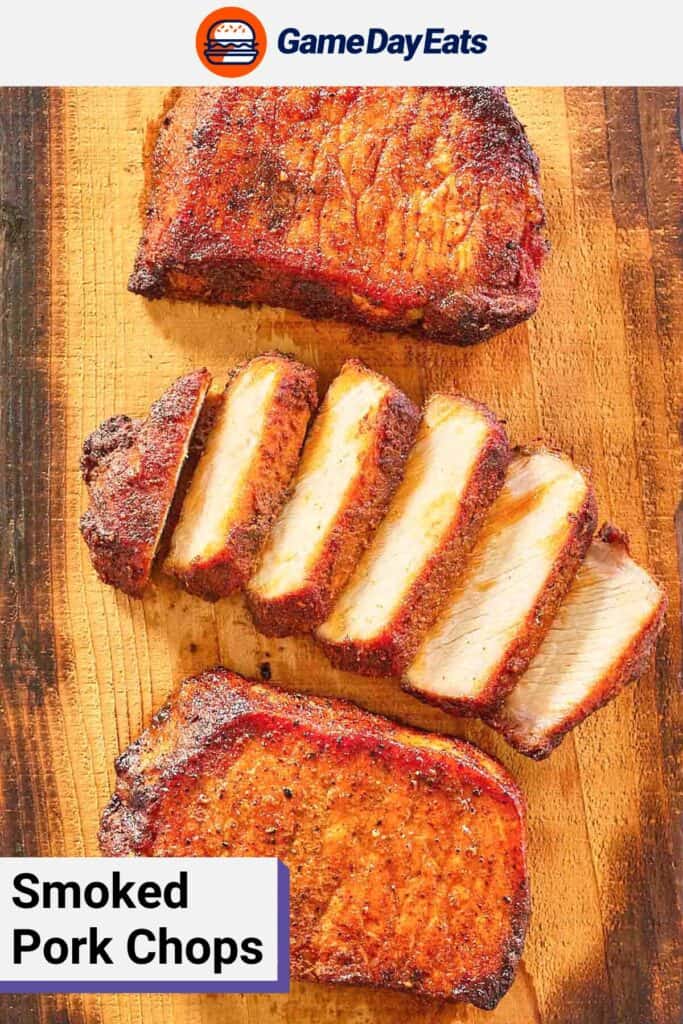 overhead view of three seasoned and smoked pork chops.