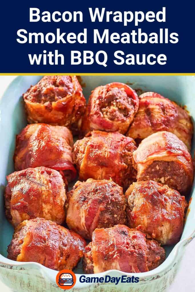 Smoked bacon-wrapped ground beef meatballs with barbecue sauce.