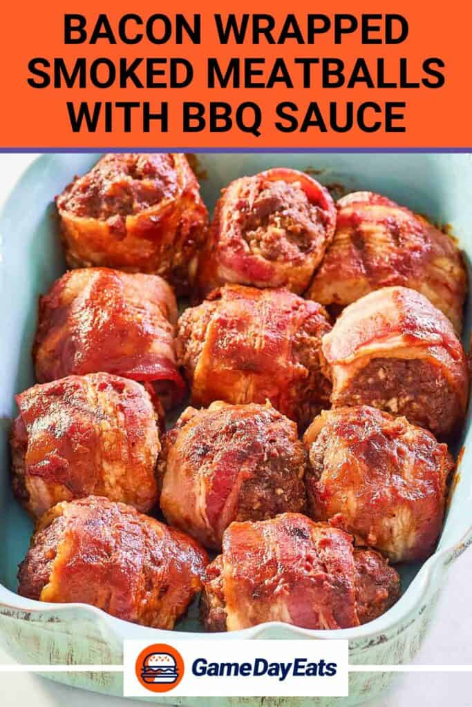 Smoked bacon-wrapped beef meatballs with barbecue sauce in a dish.
