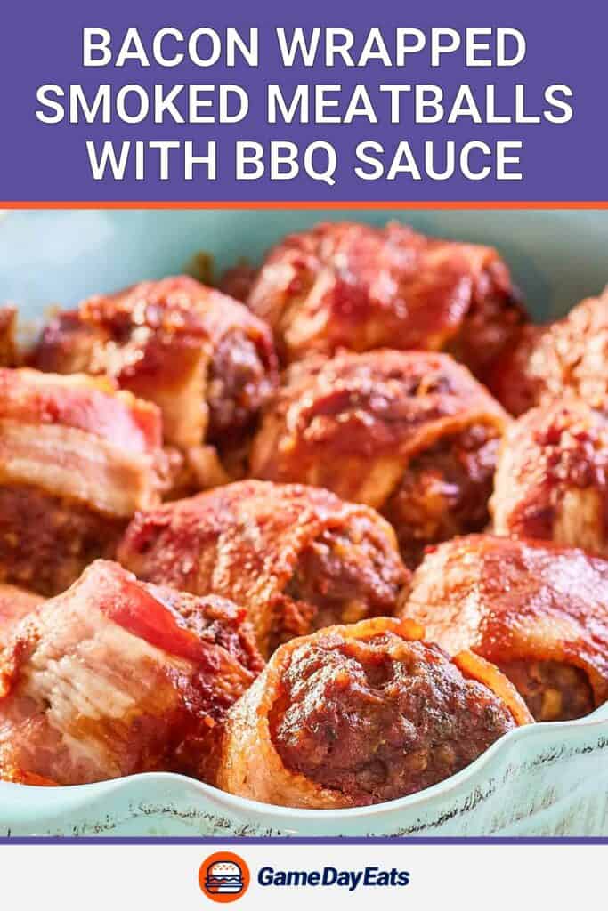 closeup of smoked bacon-wrapped meatballs with barbecue sauce.