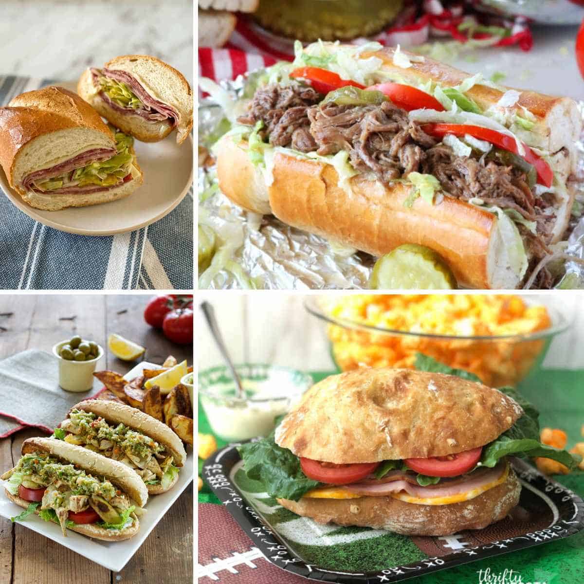 4 different sandwiches that a crowd of people will eat on game day