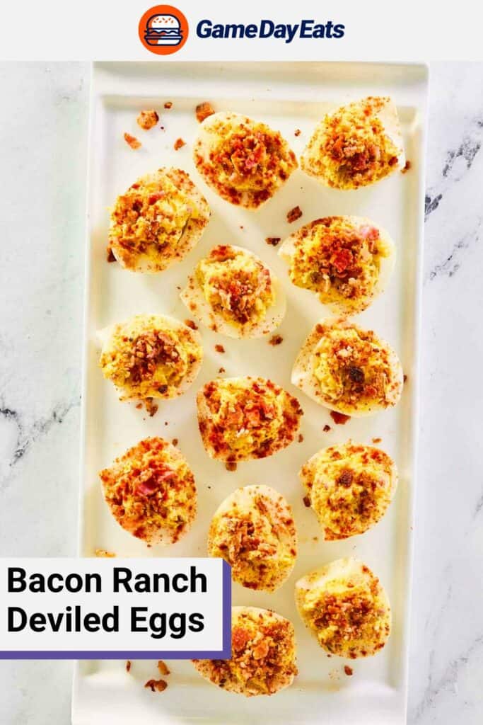 Overhead view of a platter of bacon ranch deviled eggs.
