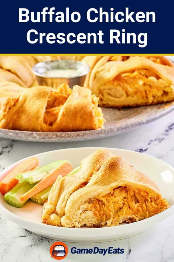 Serving of buffalo chicken crescent ring on a white plate.