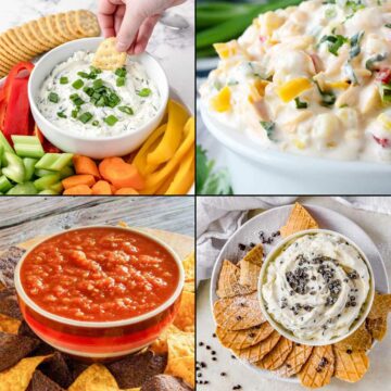 4 dips are pictured that are perfect for tailgating.
