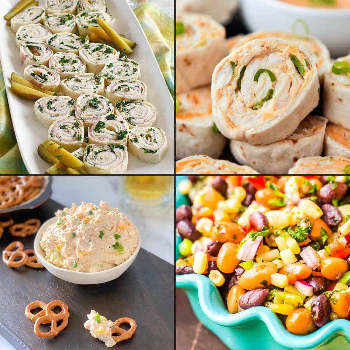 Game day cold appetizers: pinwheel sandwiches, cowboy caviar, and beer cheese dip