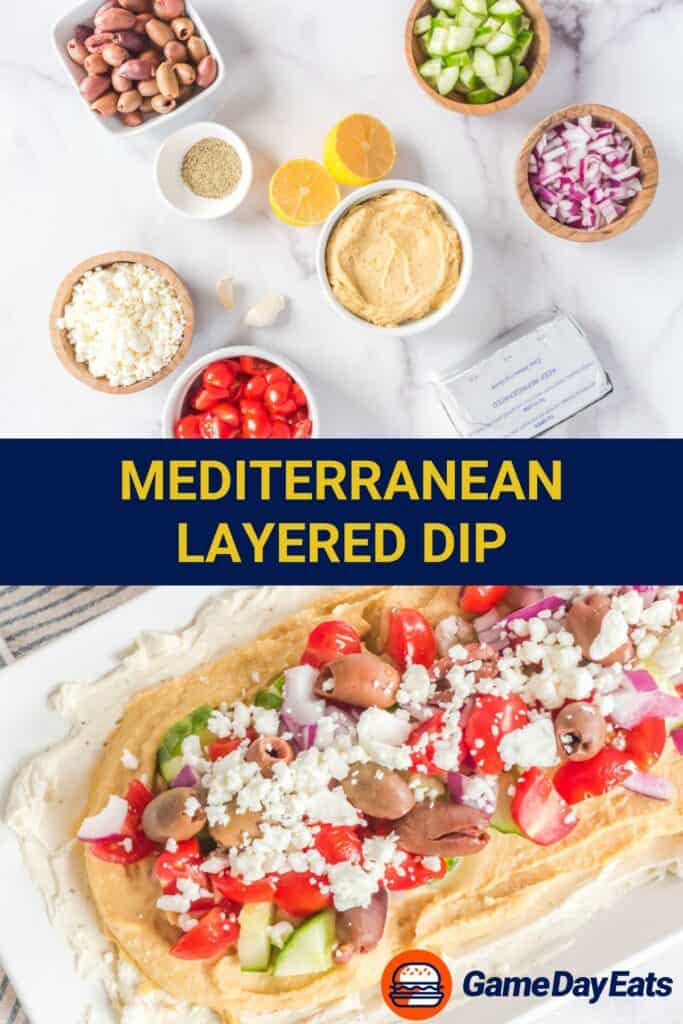 Mediterranean dip ingredients and the finished dip on a platter.