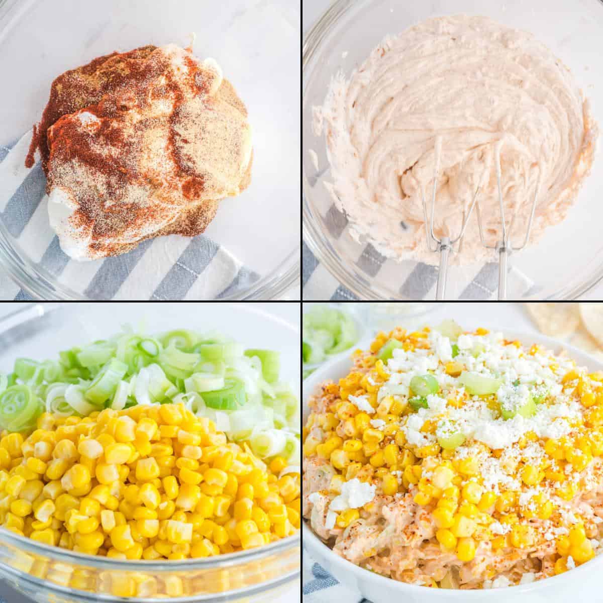 Collage of making Mexican corn dip.