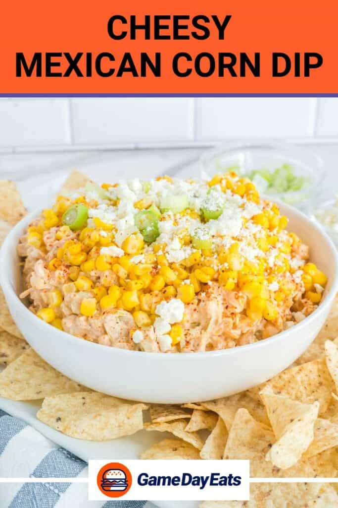 Mexican corn dip in a bowl and tortilla chips.