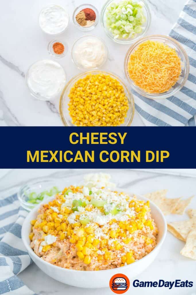 Mexican corn dip ingredients and the finished dip in a bowl.