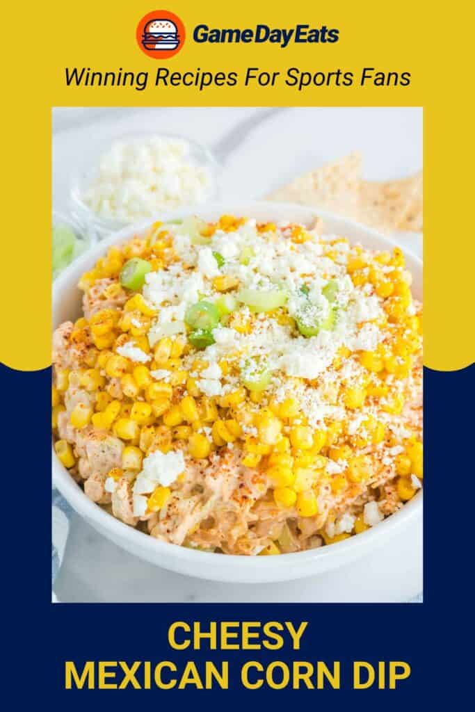 Cheesy Mexican corn dip in a white bowl.