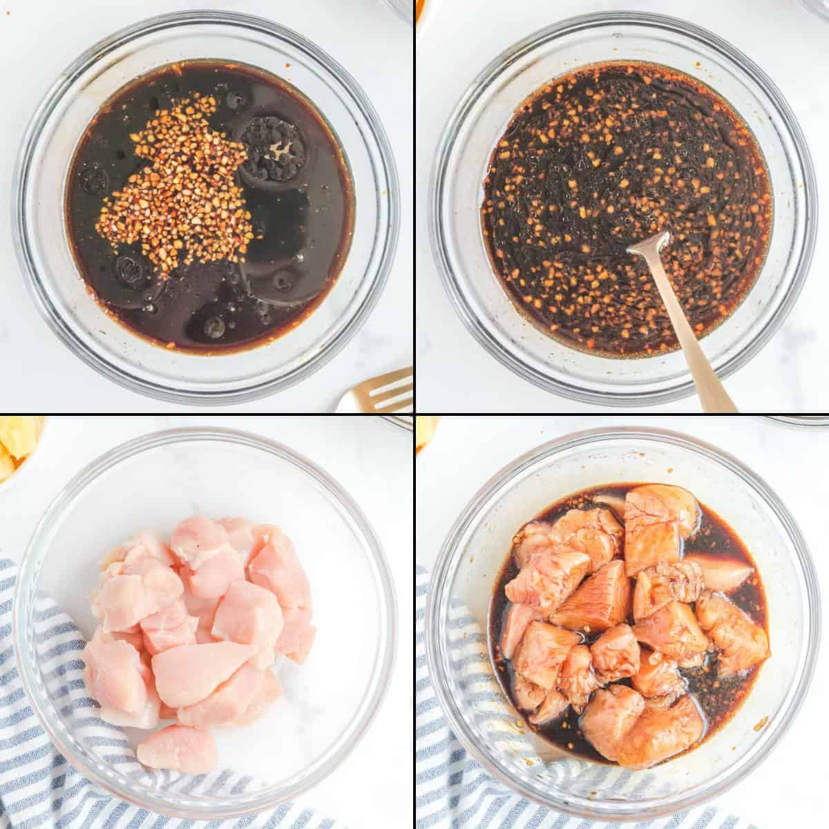 Collage of making teriyaki sauce marinade and marinating chicken with it.