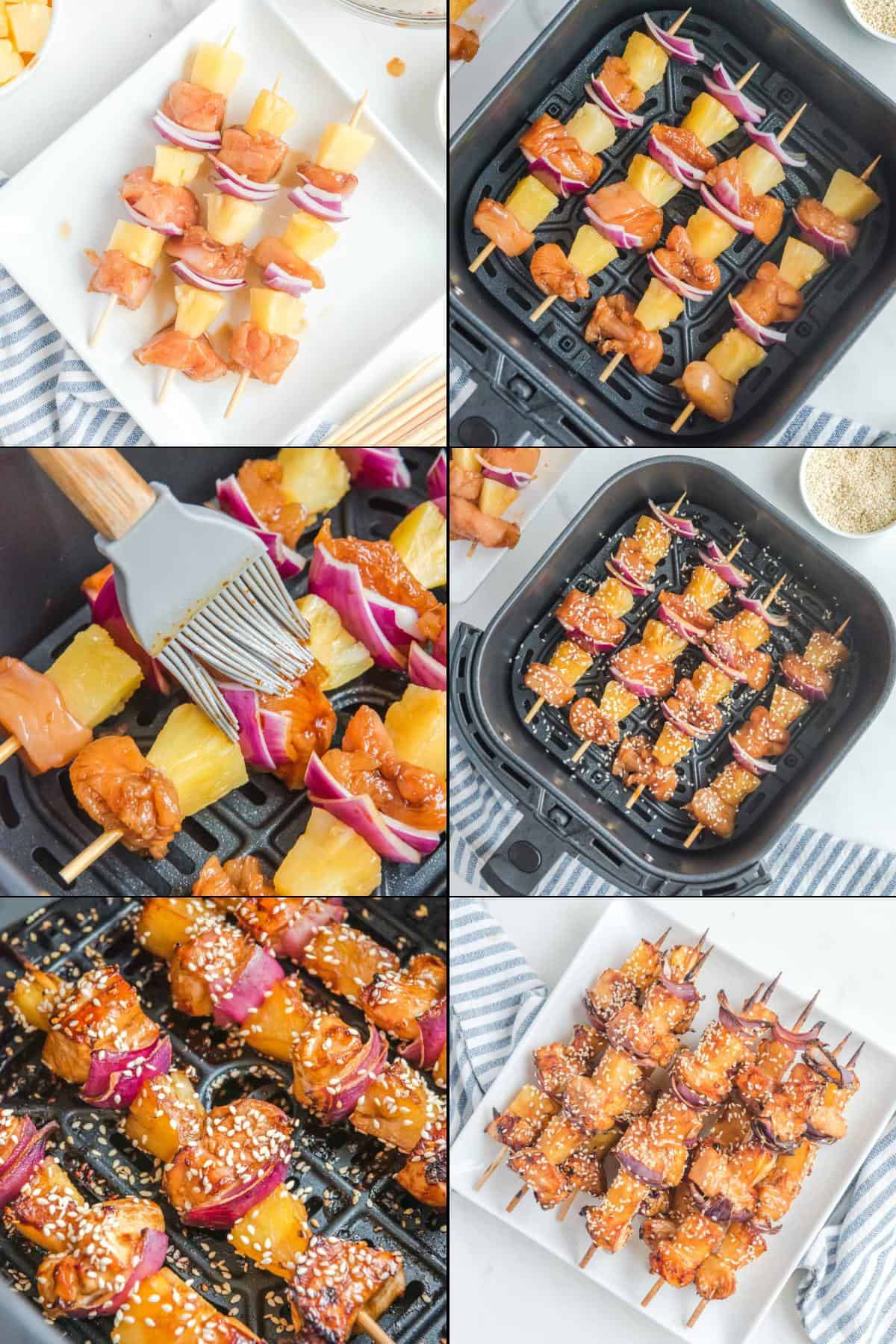 Collage of making teriyaki chicken kabobs in an air fryer.