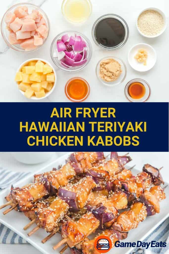 Air fryer teriyaki chicken kabobs ingredients and the finished dish.