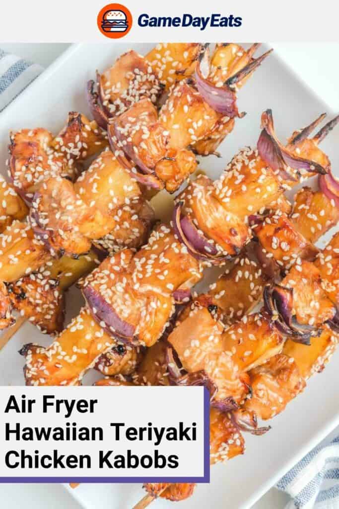 Overhead view of air fryer teriyaki chicken kabobs on a platter.