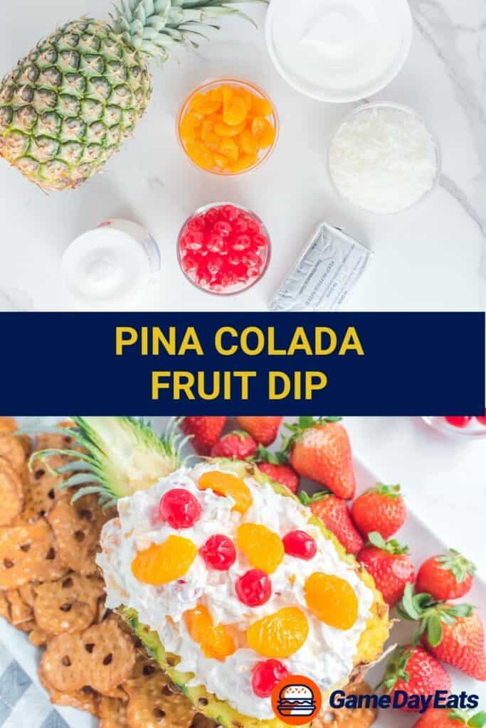 Pina colada fruit dip ingredients and the finished dip in a pineapple.
