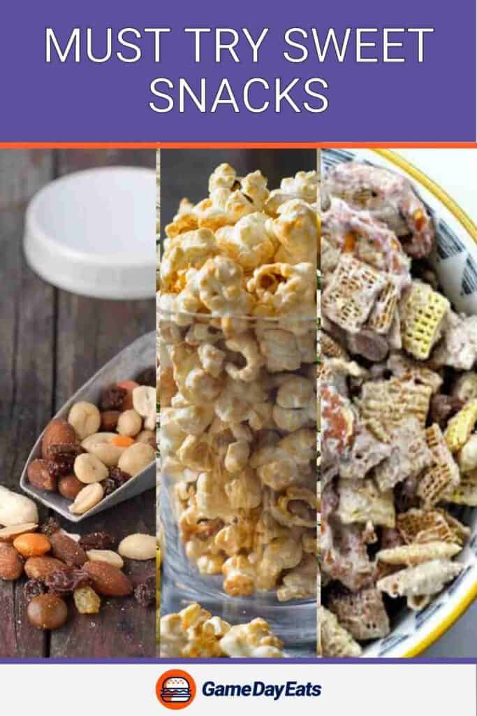 a variety of trail mix, popcorn, and snack mix
