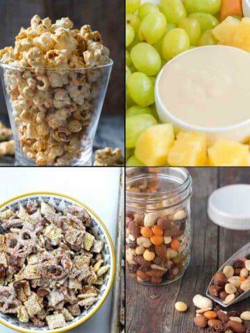 caramel popcorn, fruit dip, snack mix, and trail mix
