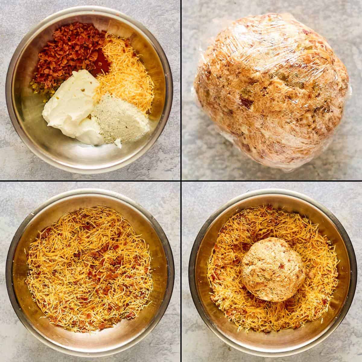 Collage of making a jalapeno popper cheese ball.