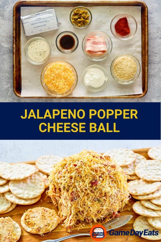 Jalapeno popper cheese ball ingredients and the finished ball with crackers.