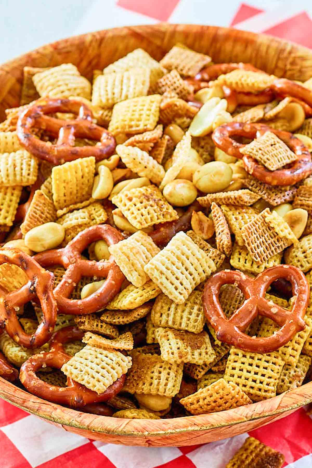 Closeup of homemade smoked chex mix in a bowl.