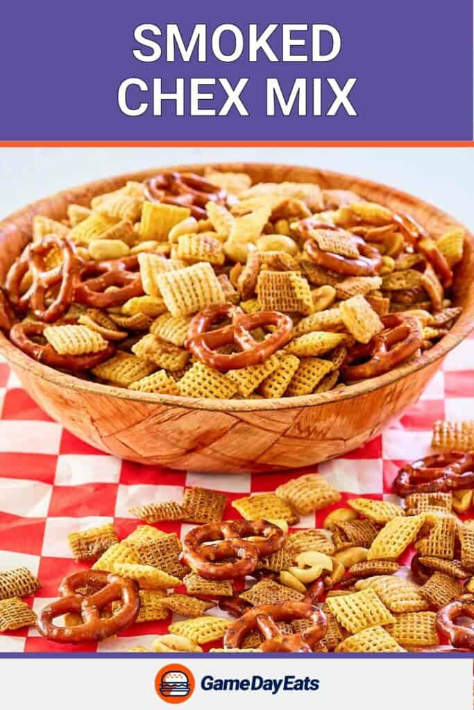 A bowl of homemade smoked Chex mix.