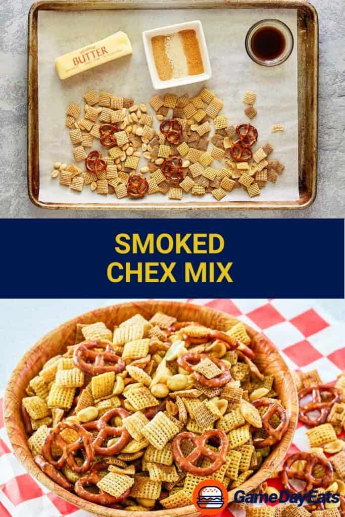 Smoked chex mix ingredients and the finished snack mix.