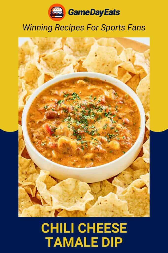 Chili cheese tamale dip in a bowl and tortilla chips around it.