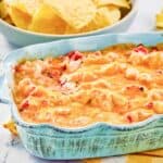 Chicken rotel dip in a baking dish.